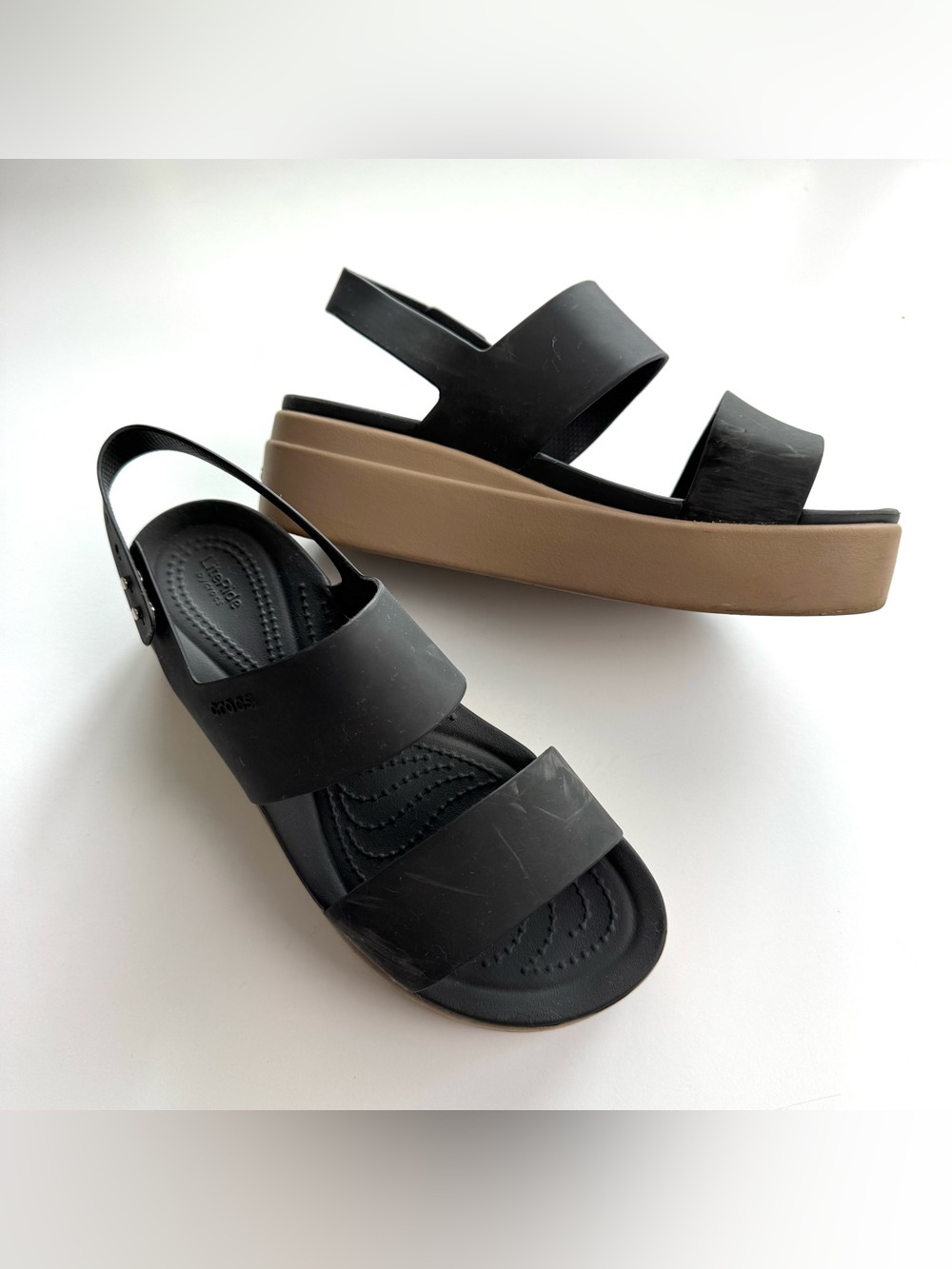 Crocs Brooklyn Sandals Women's 8 Black Mushroom Low Wedge Heel Plaform Slingback